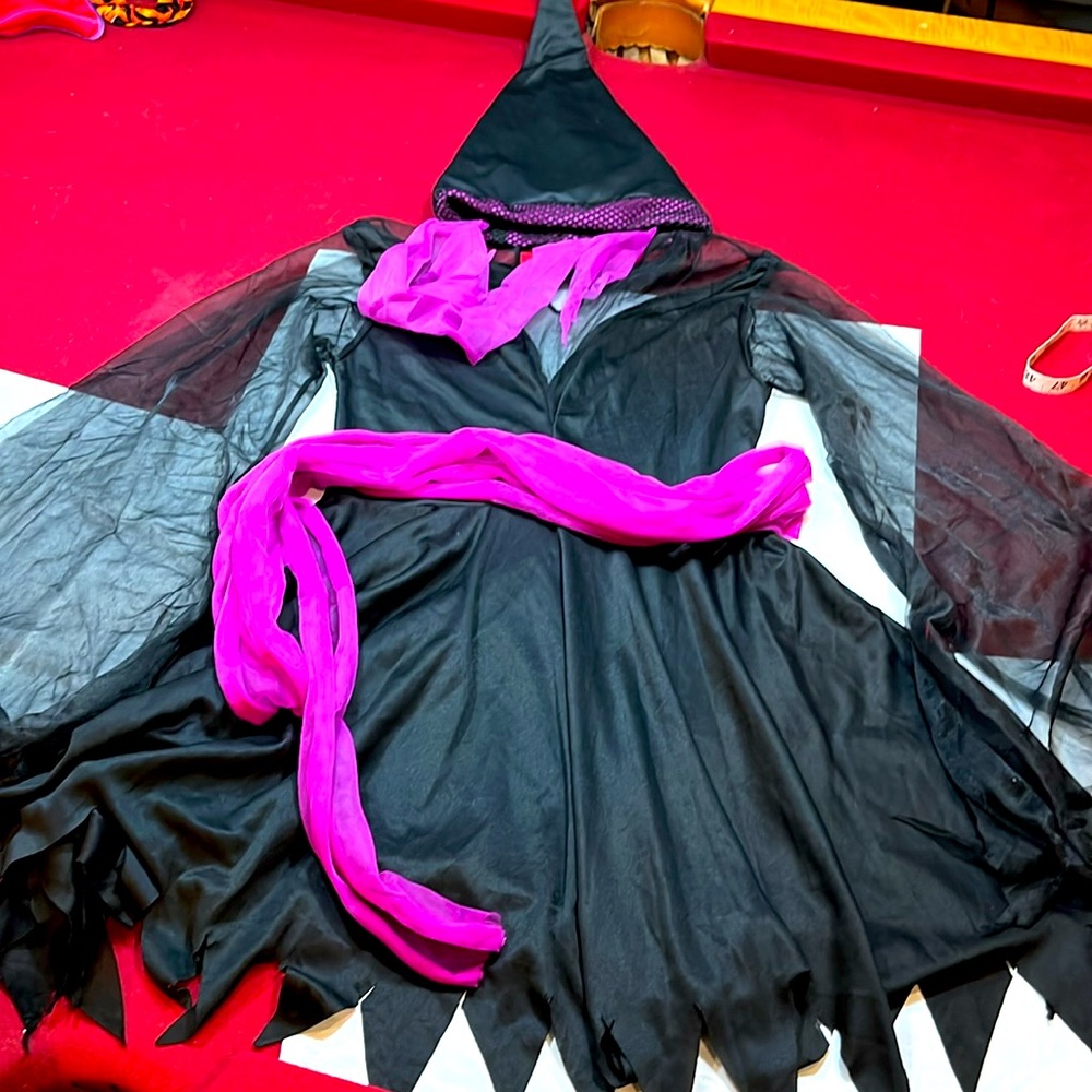 witch DRESS black purple sash pointed HAT Women’s S MESH Flowy sleeves vintage S